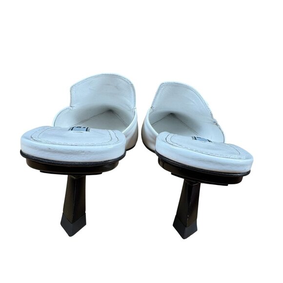 Prada White Spazzolato Triangle Logo 55M Pointed Toe Mules Heels Size 39 - Picture 10 of 13